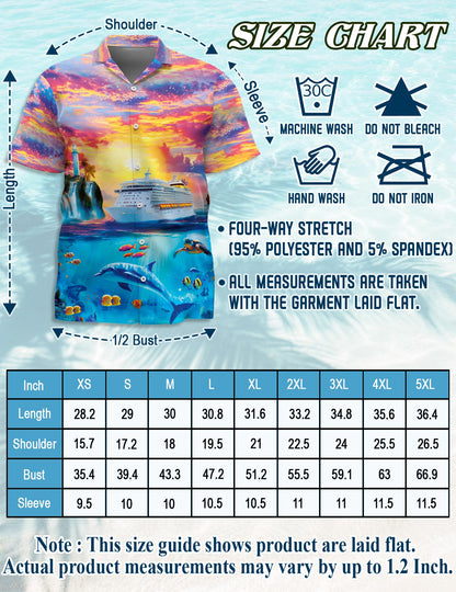 Netecom Ocean Cruise Adventure Hawaiian Shirt for Men, Sunset Sea Life Style, Button Down Summer Beach Short Sleeve, S-5XL