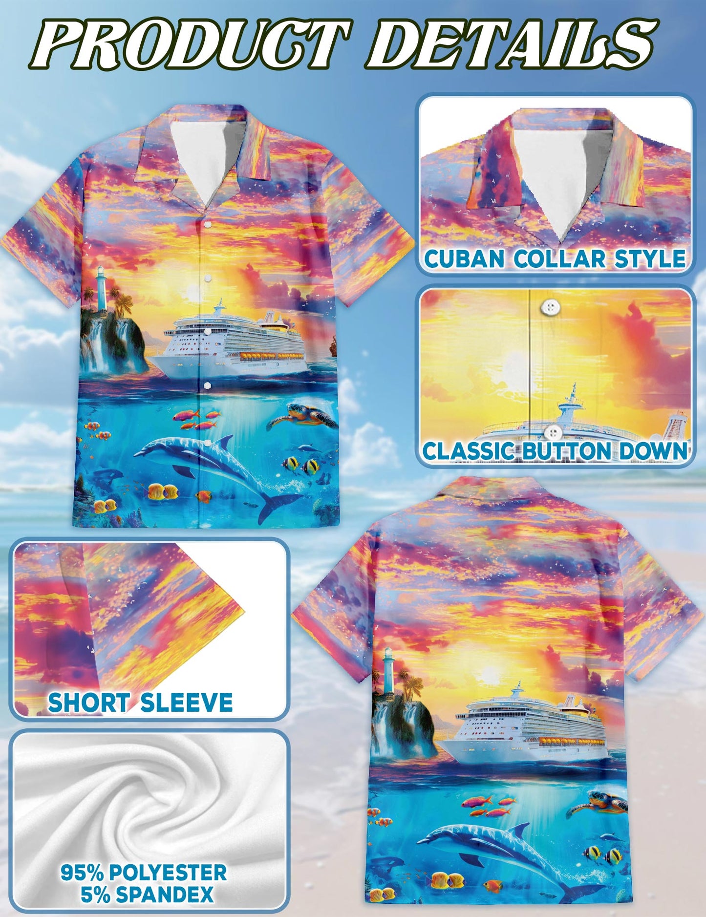 Netecom Ocean Cruise Adventure Hawaiian Shirt for Men, Sunset Sea Life Style, Button Down Summer Beach Short Sleeve, S-5XL