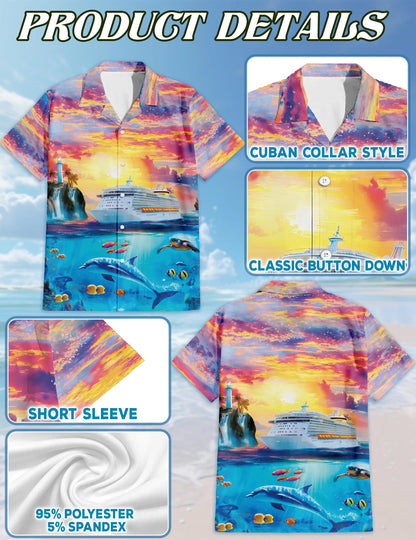 Netecom Ocean Cruise Adventure Hawaiian Shirt for Men, Sunset Sea Life Style, Button Down Summer Beach Short Sleeve, S-5XL