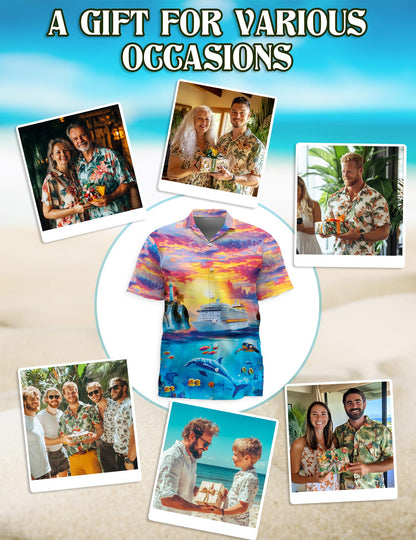 Netecom Ocean Cruise Adventure Hawaiian Shirt for Men, Sunset Sea Life Style, Button Down Summer Beach Short Sleeve, S-5XL