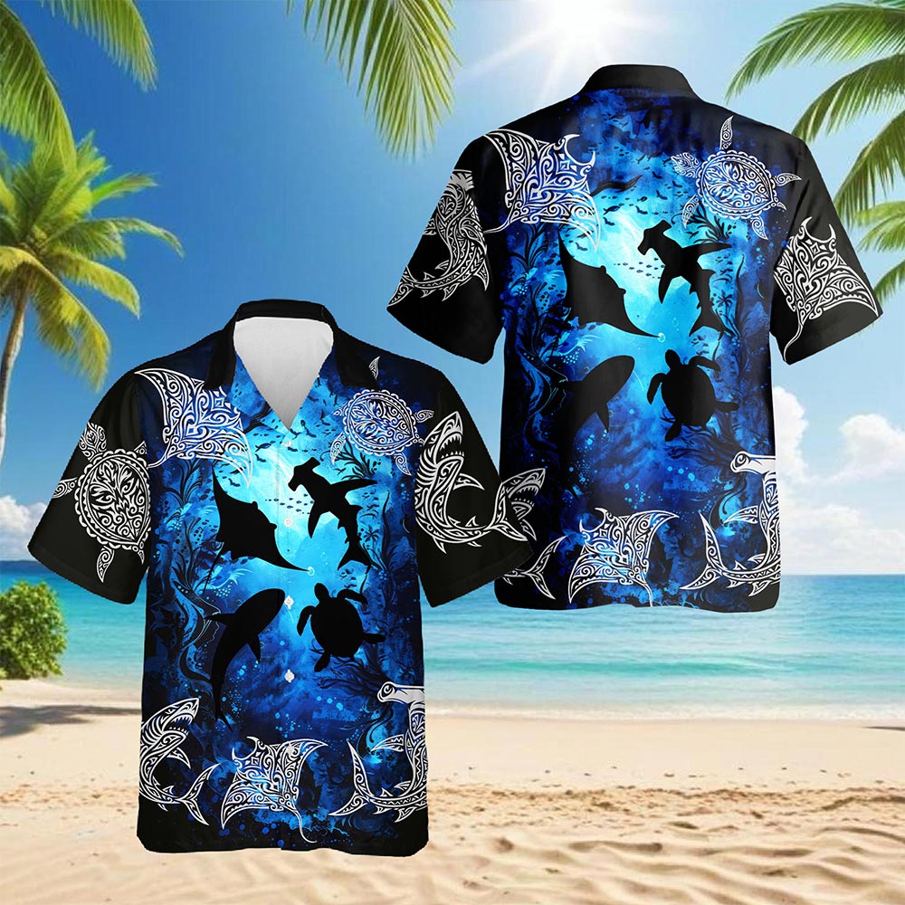 Netecom Ocean World Hawaiian Shirt for Men, Sea Animals Lover Gifts, Tropical Button Down Summer Aloha Beach Shirts, S-5XL