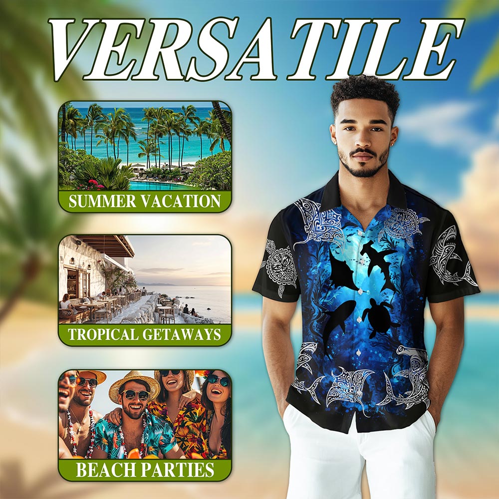 Netecom Ocean World Hawaiian Shirt for Men, Sea Animals Lover Gifts, Tropical Button Down Summer Aloha Beach Shirts, S-5XL