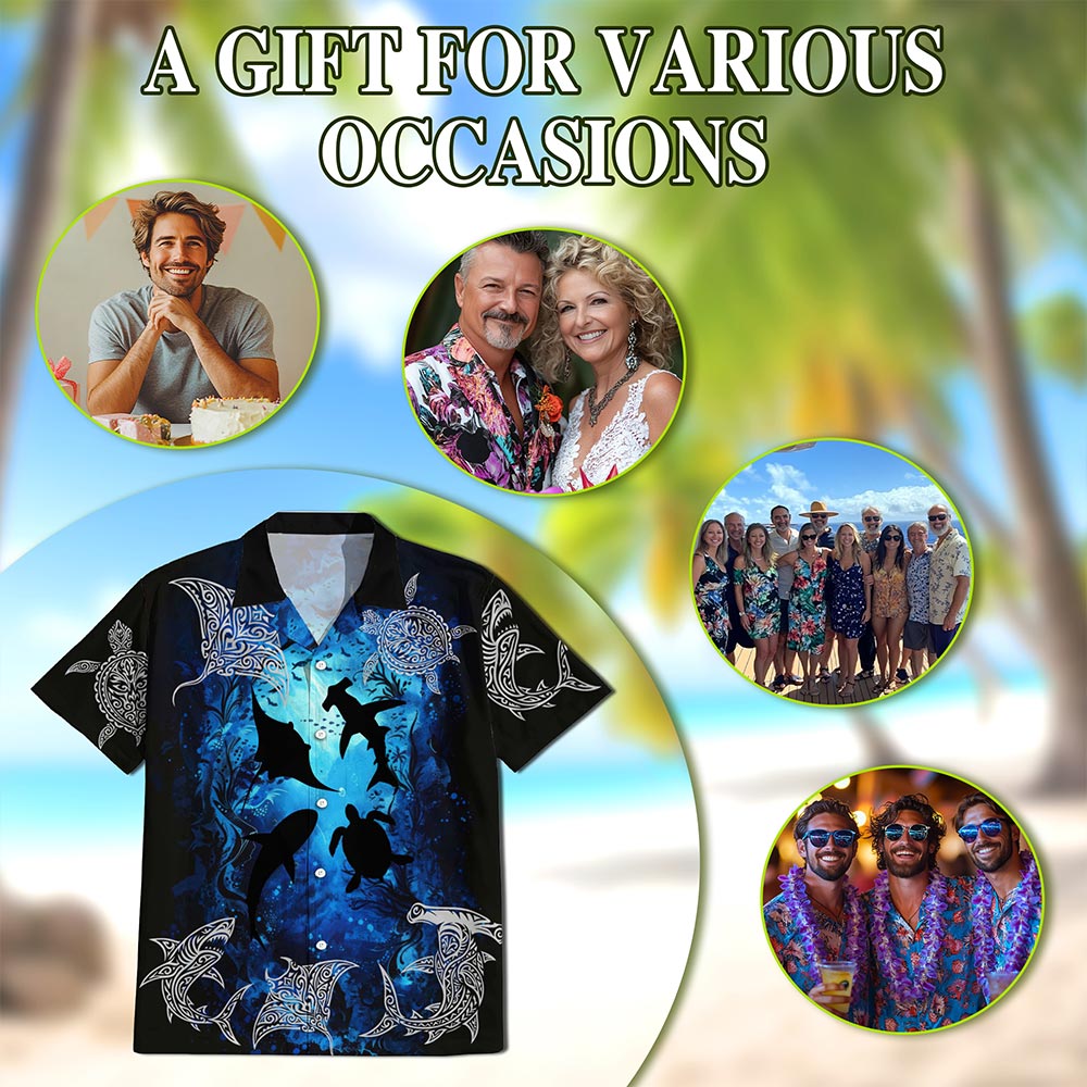 Netecom Ocean World Hawaiian Shirt for Men, Sea Animals Lover Gifts, Tropical Button Down Summer Aloha Beach Shirts, S-5XL