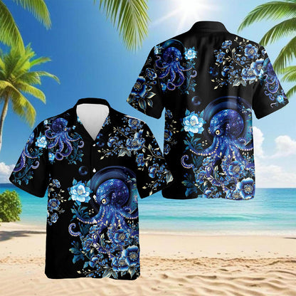 Netecom Octopus Flower Hawaiian Shirt for Men, Button Down Summer Beach Short Sleeve, Sizes S-5XL