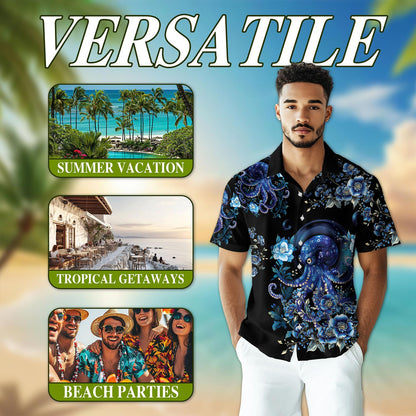 Netecom Octopus Flower Hawaiian Shirt for Men, Button Down Summer Beach Short Sleeve, Sizes S-5XL