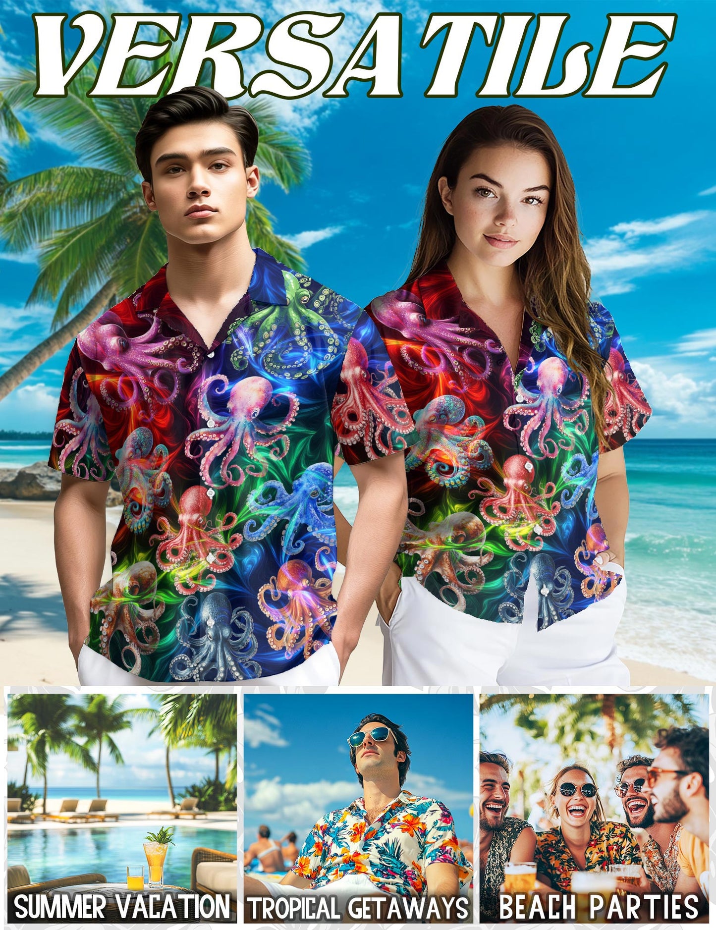 Netecom Octopus Hawaiian Shirt for Men, Fantasy Style, Button Down Summer Beach Short Sleeve, S-5XL