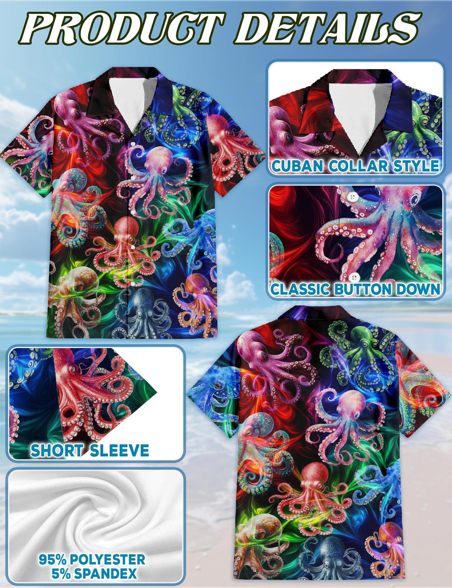 Netecom Octopus Hawaiian Shirt for Men, Fantasy Style, Button Down Summer Beach Short Sleeve, S-5XL