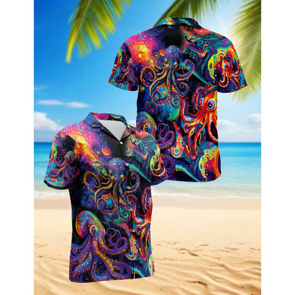 Netecom Octopus Hippie Hawaiian Shirt for Men, Button Down Summer Beach Short Sleeve, Ocean Lover Gift, Sizes S-5XL