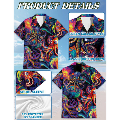 Netecom Octopus Hippie Hawaiian Shirt for Men, Button Down Summer Beach Short Sleeve, Ocean Lover Gift, Sizes S-5XL