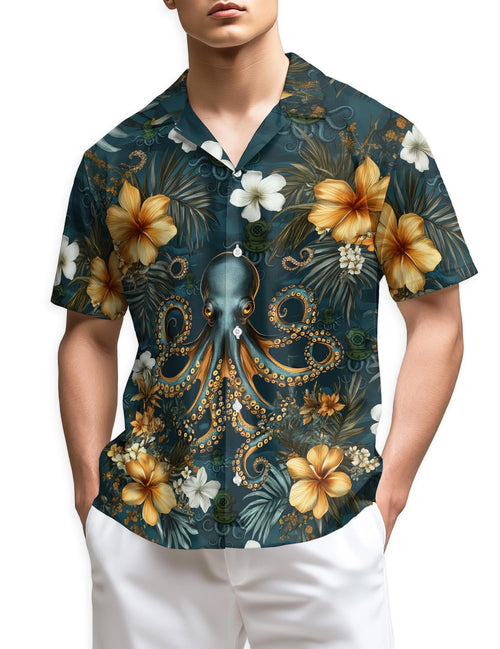 Netecom Octopus Scuba Diving Hawaiian Shirt for Men, Tropical Style, Button Down Summer Beach Short Sleeve, S-5XL