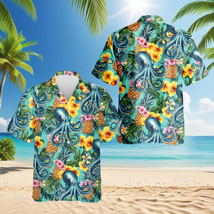 Netecom Octopus Summer Hawaiian Shirt for Men, Button Down Summer Beach Short Sleeve, Tropical Style, Sizes S-5XL