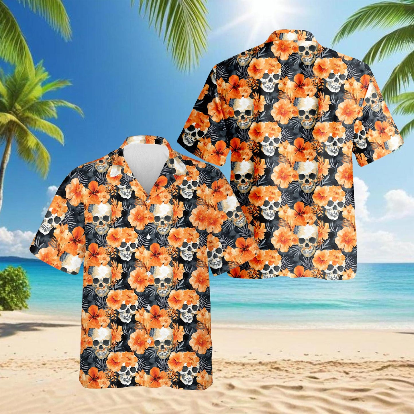 Netecom Orange Skull Hawaiian Shirt for Men, Button Down Summer Beach Short Sleeve, Bold Style, S-5XL