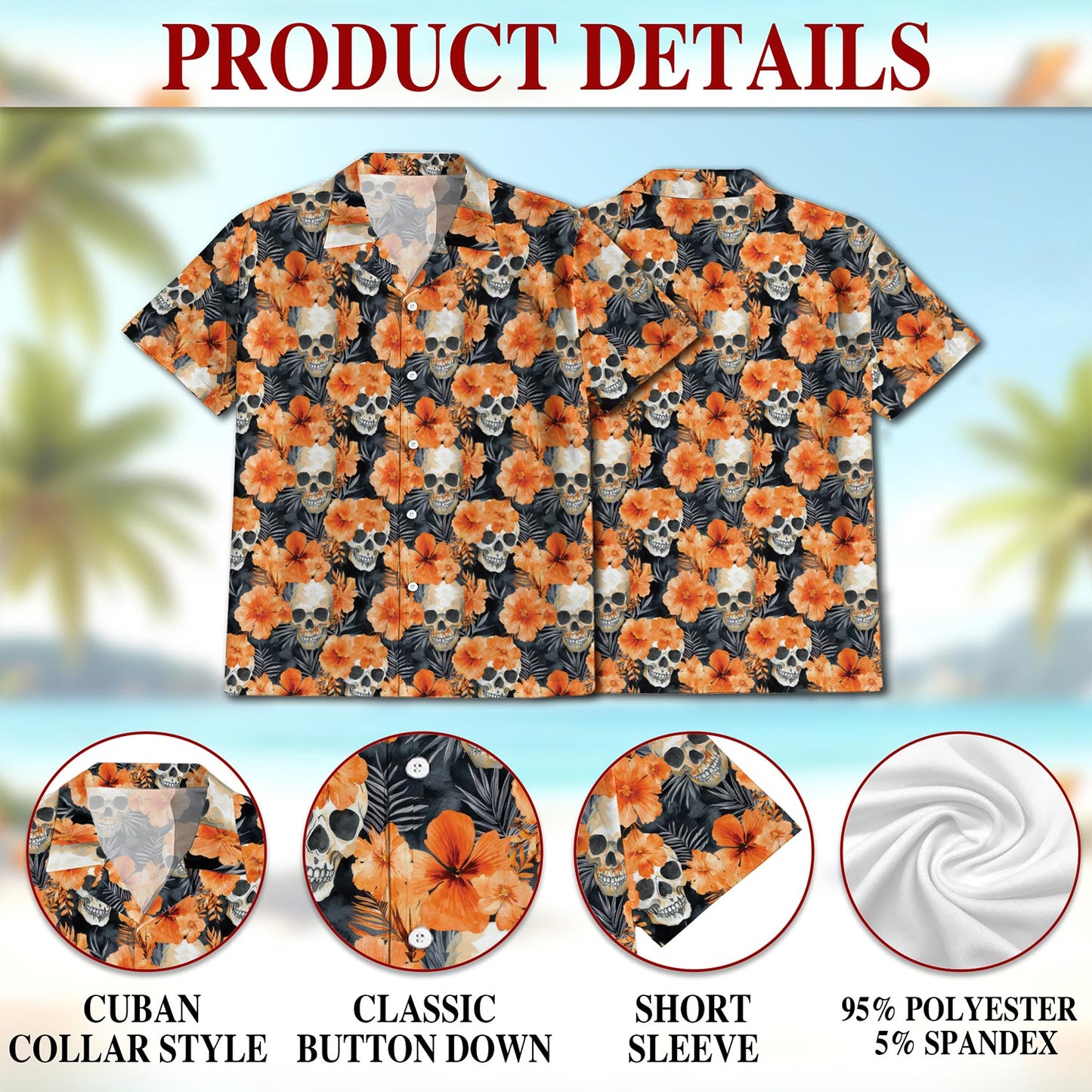 Netecom Orange Skull Hawaiian Shirt for Men, Button Down Summer Beach Short Sleeve, Bold Style, S-5XL