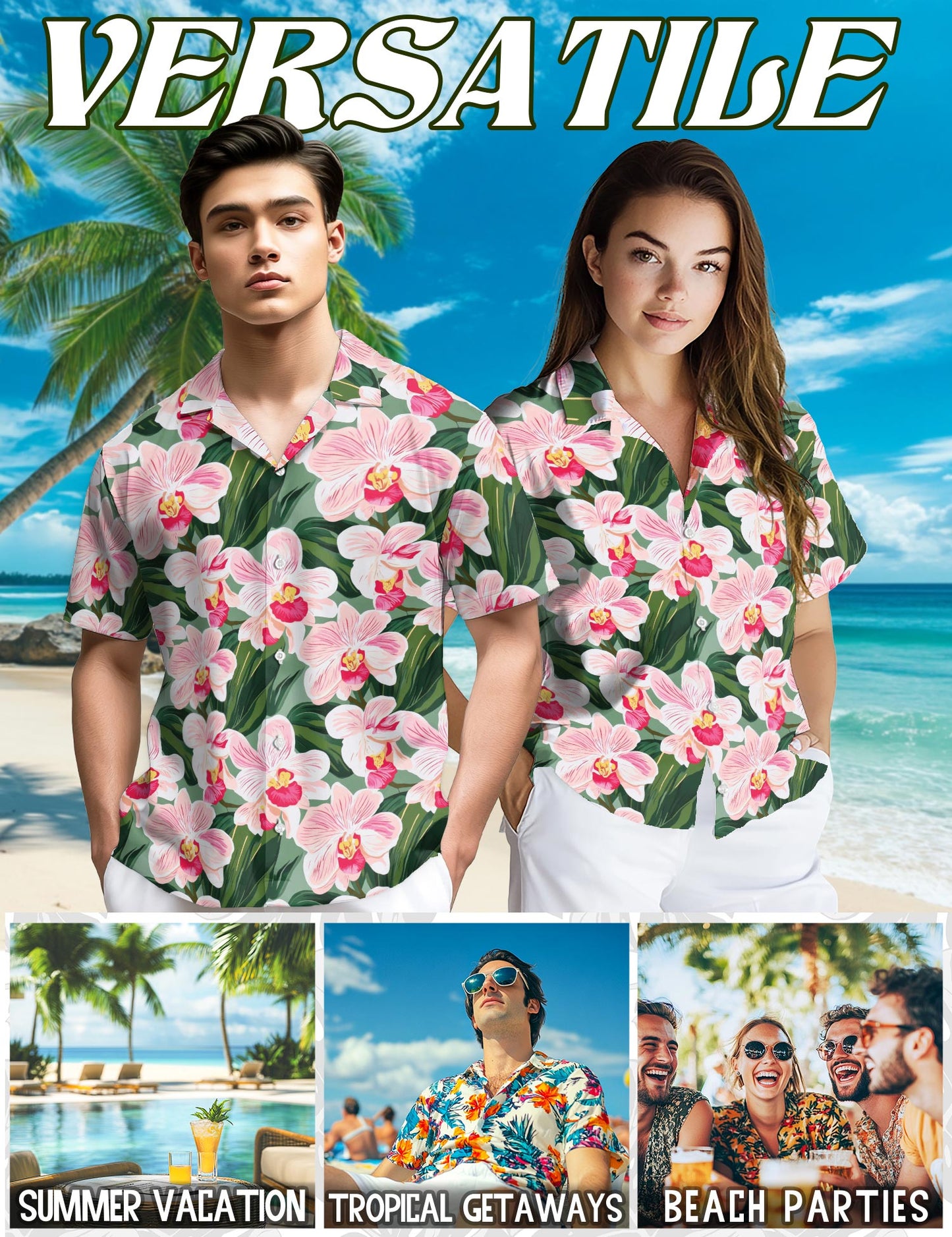 Netecom Orchid Flowers Hawaiian Shirt for Men, Floral Style, Button Down Summer Beach Short Sleeve, S-5XL