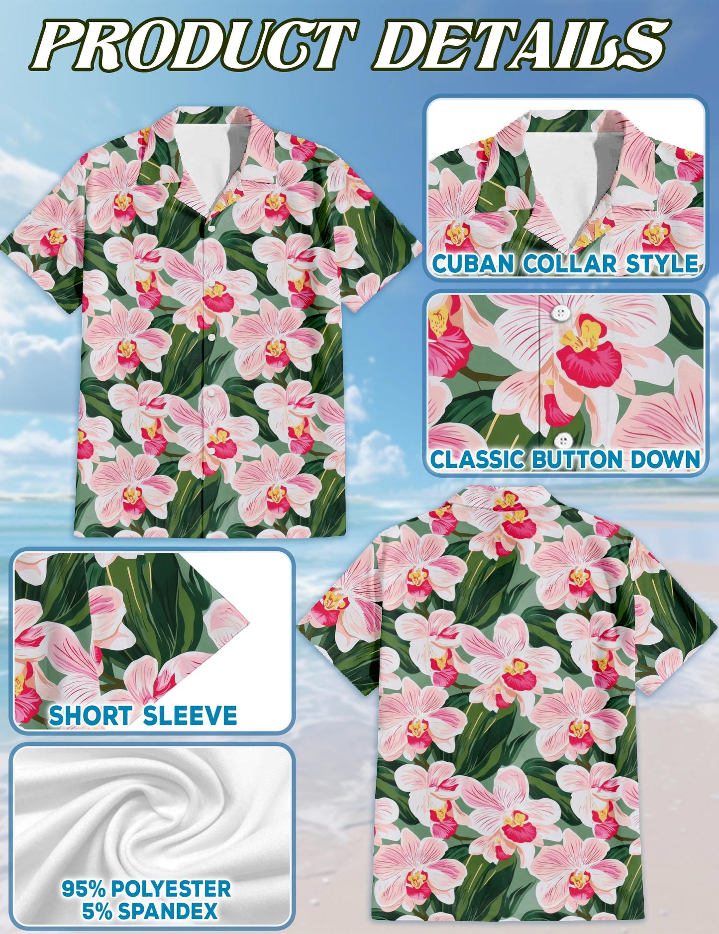 Netecom Orchid Flowers Hawaiian Shirt for Men, Floral Style, Button Down Summer Beach Short Sleeve, S-5XL