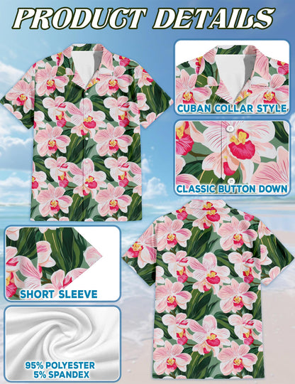 Netecom Orchid Flowers Hawaiian Shirt for Men, Floral Style, Button Down Summer Beach Short Sleeve, S-5XL