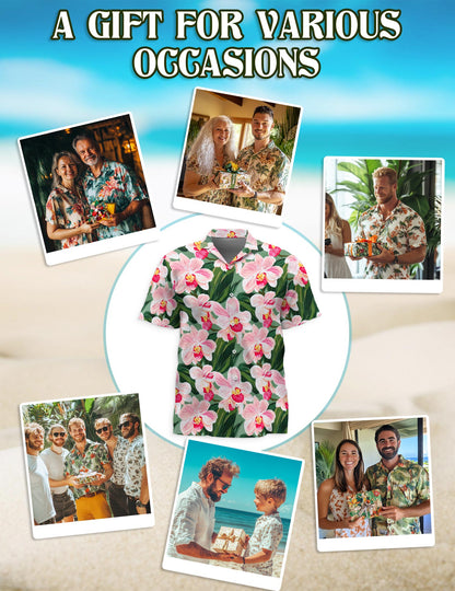 Netecom Orchid Flowers Hawaiian Shirt for Men, Floral Style, Button Down Summer Beach Short Sleeve, S-5XL