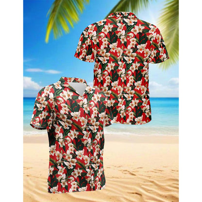 Netecom Orchid Ginger Red Hawaiian Shirt for Men, Button Down Summer Beach Short Sleeve, Flower Lover Gift, Sizes S-5XL