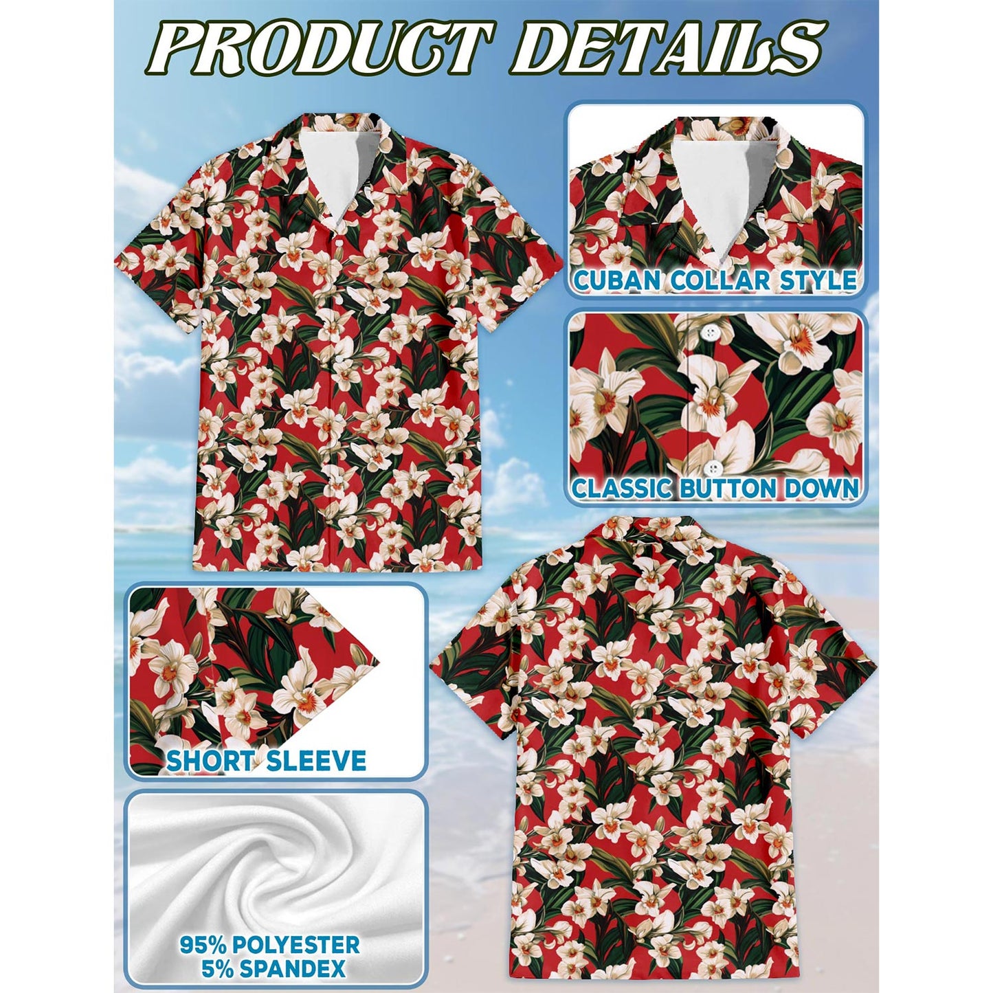 Netecom Orchid Ginger Red Hawaiian Shirt for Men, Button Down Summer Beach Short Sleeve, Flower Lover Gift, Sizes S-5XL