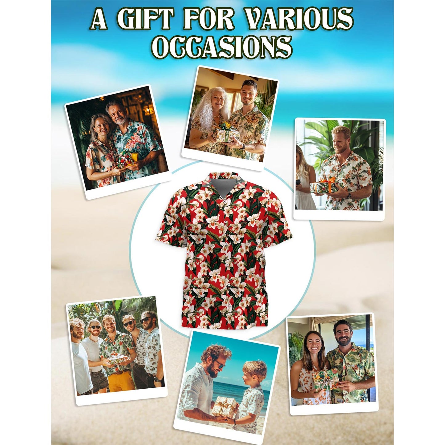 Netecom Orchid Ginger Red Hawaiian Shirt for Men, Button Down Summer Beach Short Sleeve, Flower Lover Gift, Sizes S-5XL