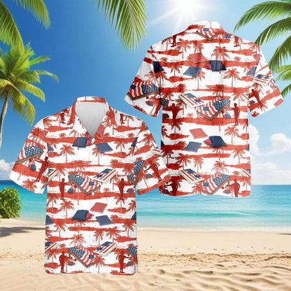 Netecom Palm Cornhole US Flag Hawaiian Shirt for Men, Tropical Style Button Down Summer Beach Short Sleeve, S-5XL