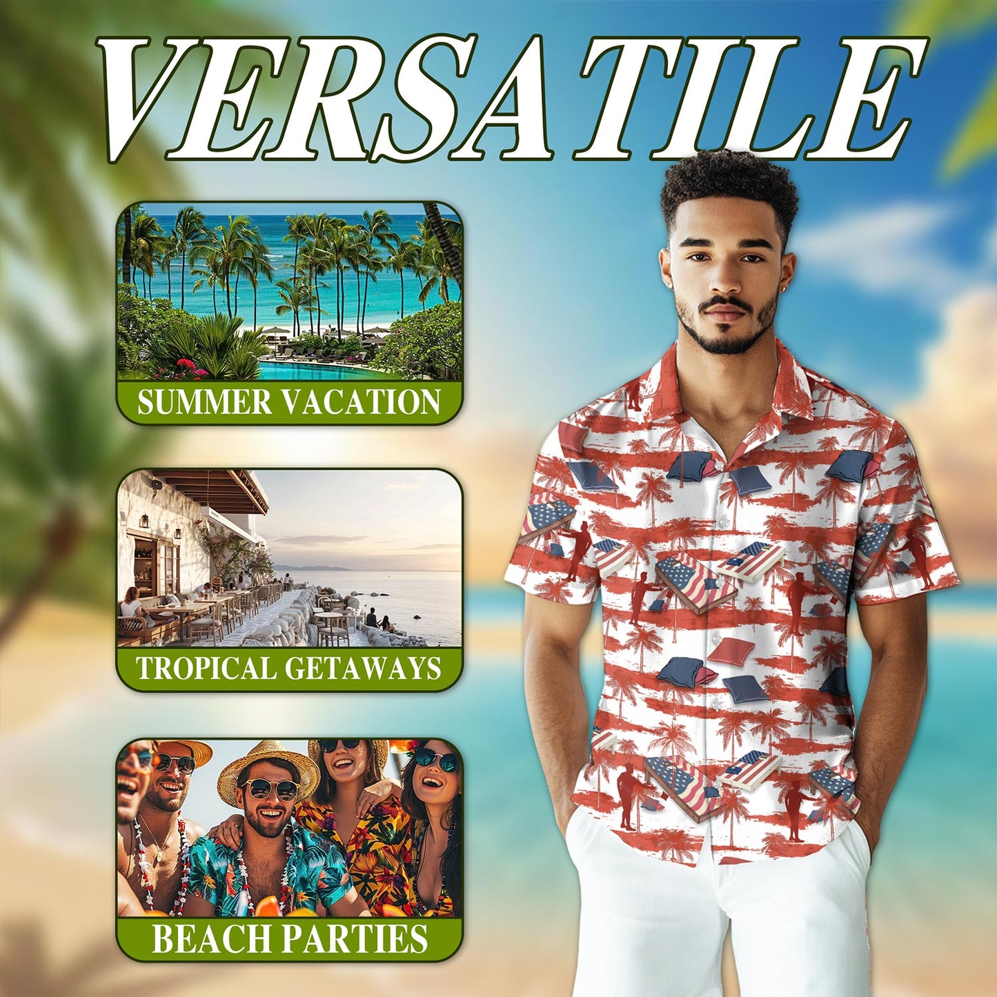 Netecom Palm Cornhole US Flag Hawaiian Shirt for Men, Tropical Style Button Down Summer Beach Short Sleeve, S-5XL
