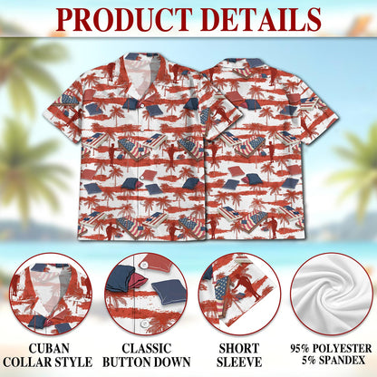 Netecom Palm Cornhole US Flag Hawaiian Shirt for Men, Tropical Style Button Down Summer Beach Short Sleeve, S-5XL
