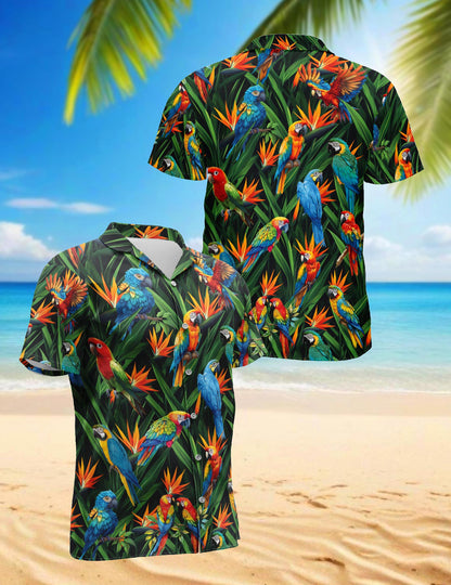 Netecom Parrot Amazing Hawaiian Shirt for Men, Tropical Style, Button Down Summer Beach Short Sleeve, S-5XL