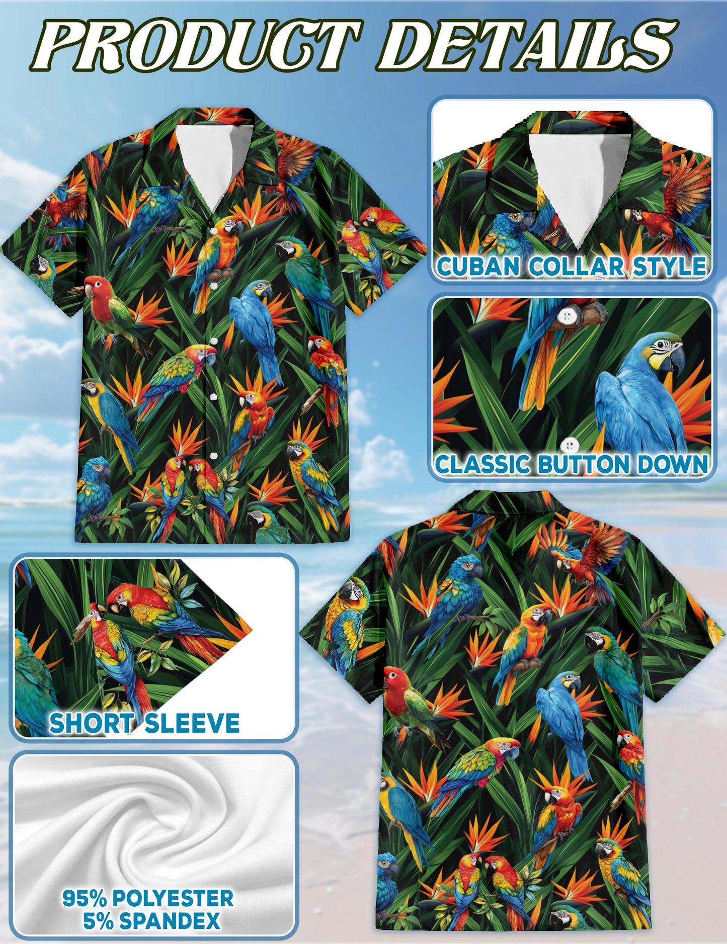 Netecom Parrot Amazing Hawaiian Shirt for Men, Tropical Style, Button Down Summer Beach Short Sleeve, S-5XL