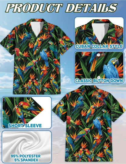 Netecom Parrot Amazing Hawaiian Shirt for Men, Tropical Style, Button Down Summer Beach Short Sleeve, S-5XL