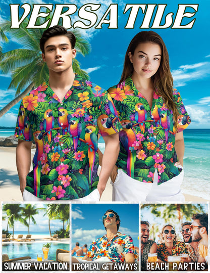 Netecom Parrot Hawaiian Shirt for Men, Tropical Style, Button Down Summer Beach Short Sleeve, S-5XL