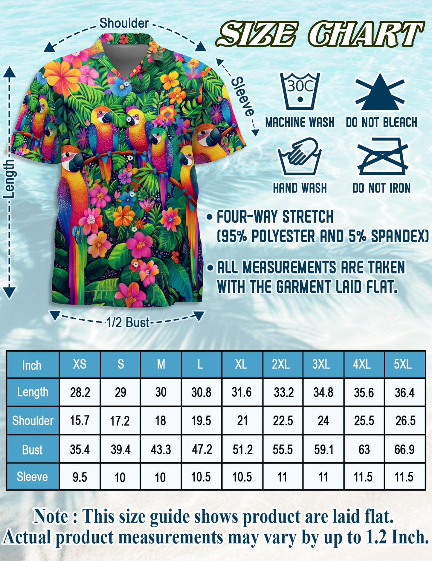 Netecom Parrot Hawaiian Shirt for Men, Tropical Style, Button Down Summer Beach Short Sleeve, S-5XL