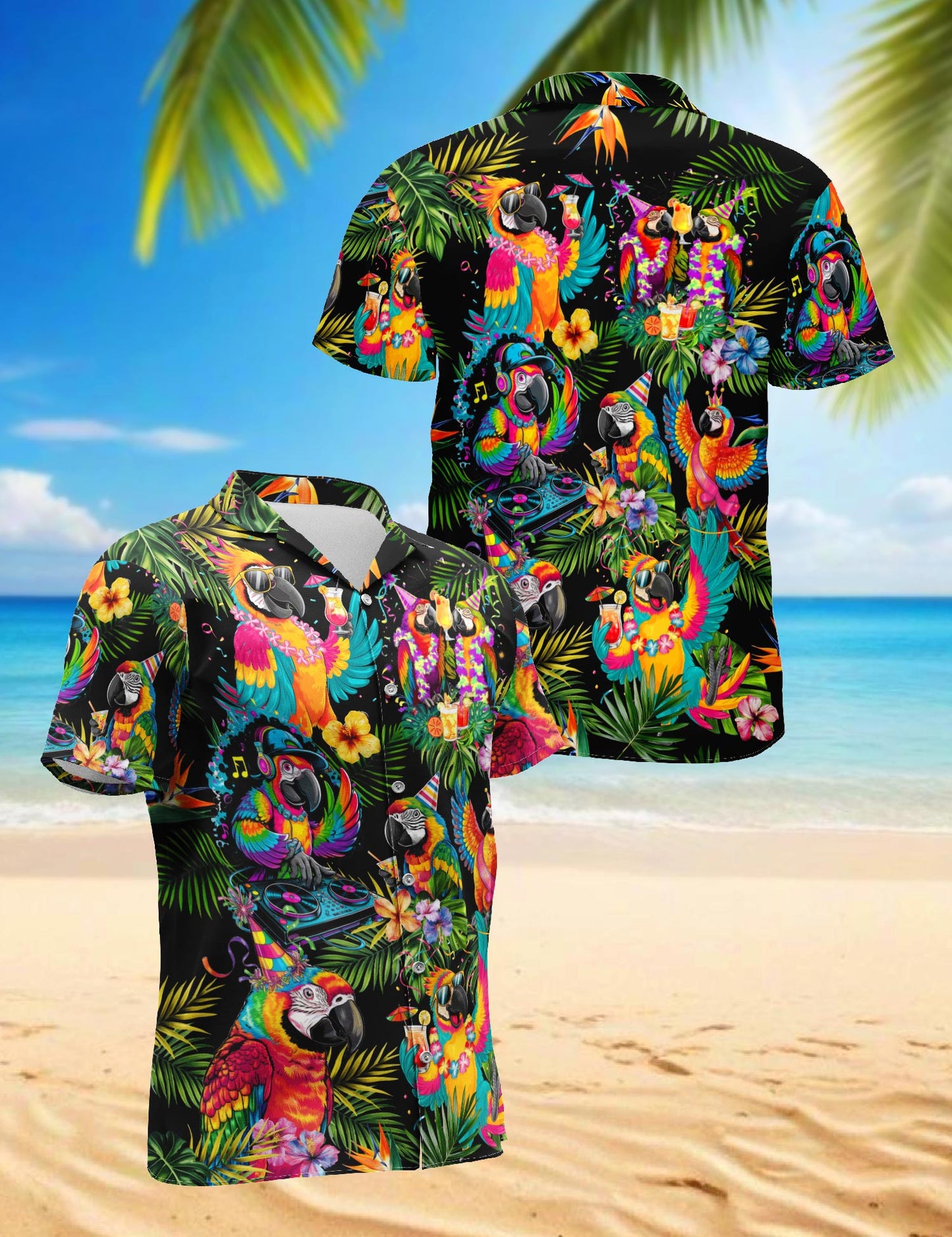 Netecom Party Parrots Hawaiian Shirt for Men, Tropical Style, Button Down Summer Beach Short Sleeve, S-5XL