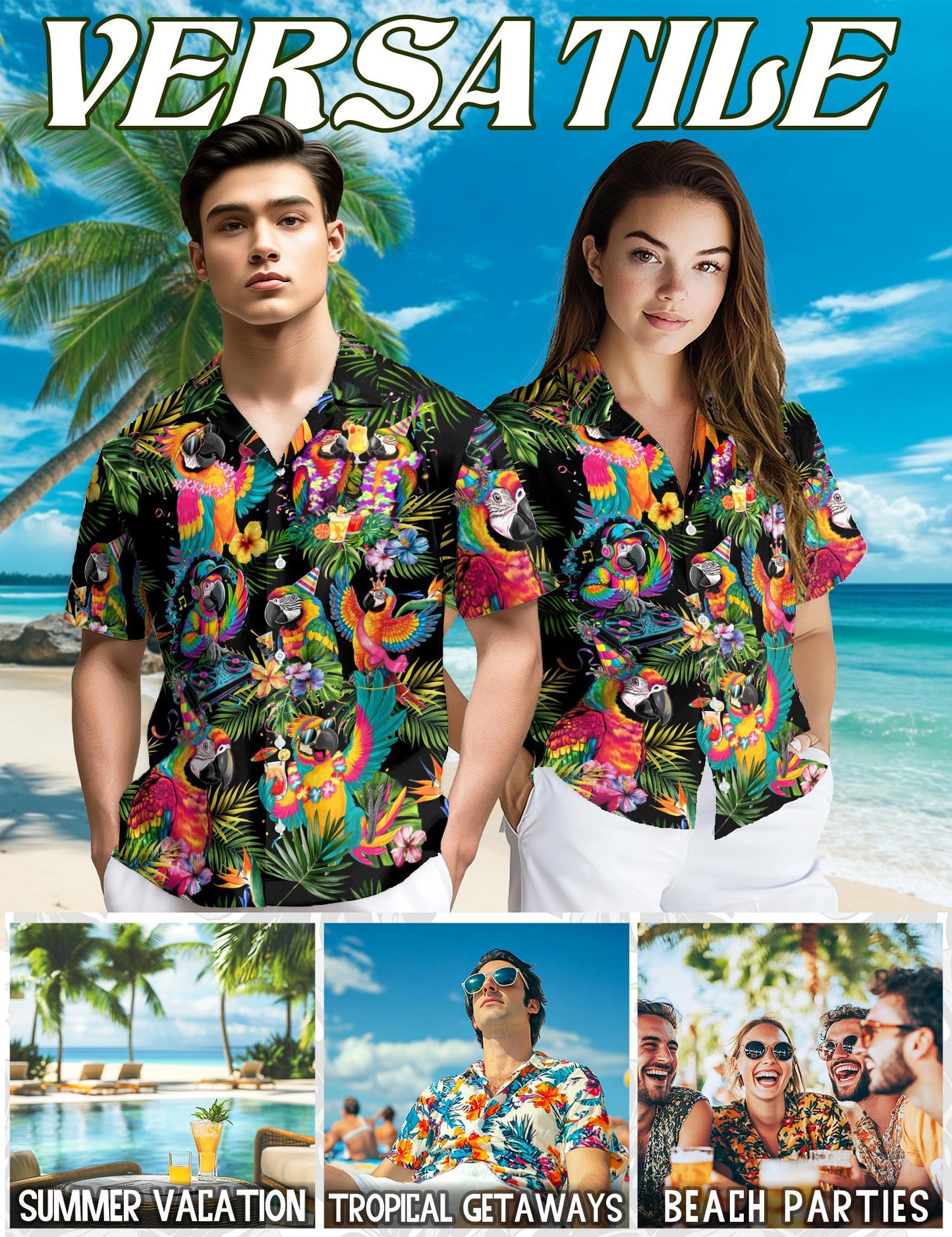 Netecom Party Parrots Hawaiian Shirt for Men, Tropical Style, Button Down Summer Beach Short Sleeve, S-5XL