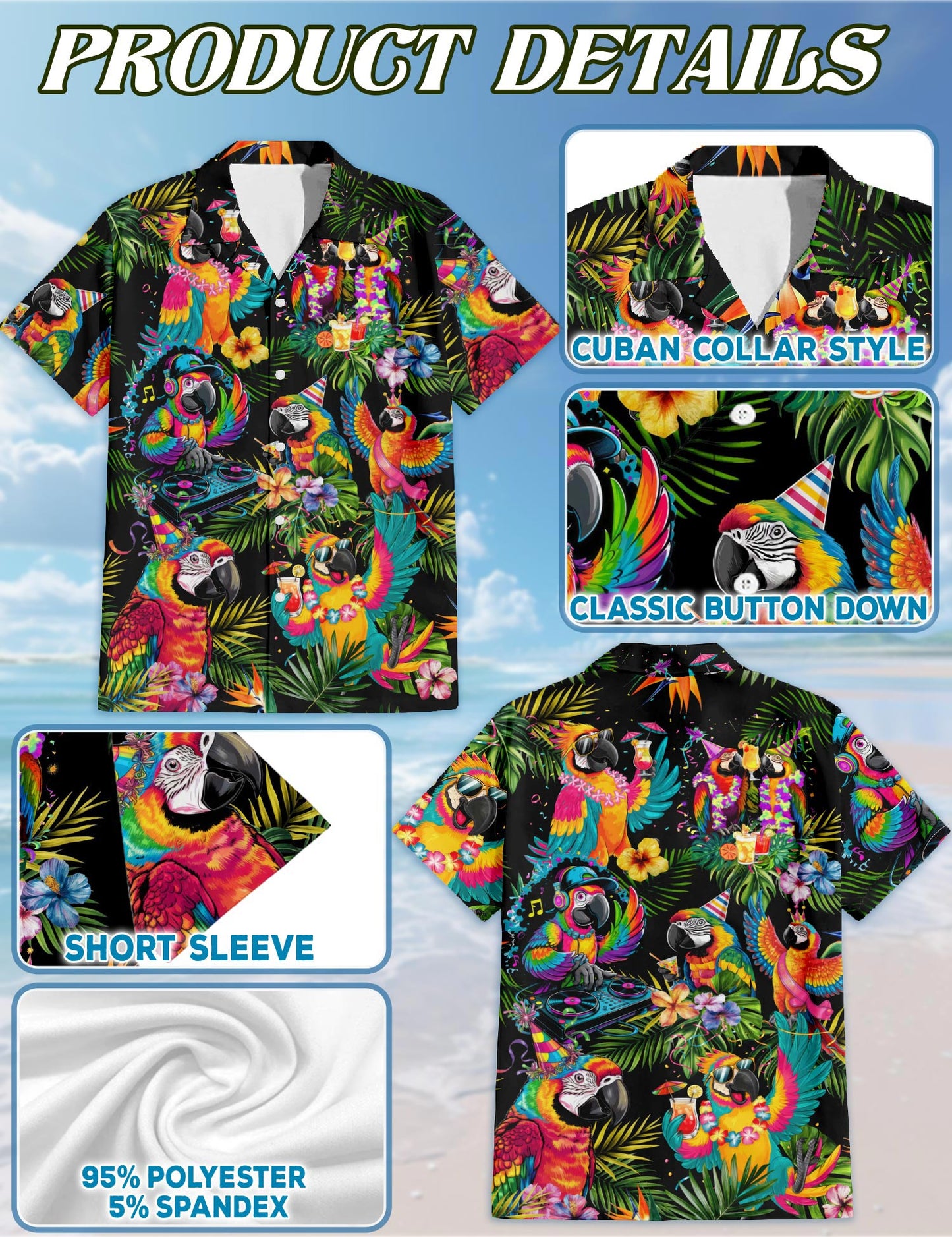 Netecom Party Parrots Hawaiian Shirt for Men, Tropical Style, Button Down Summer Beach Short Sleeve, S-5XL