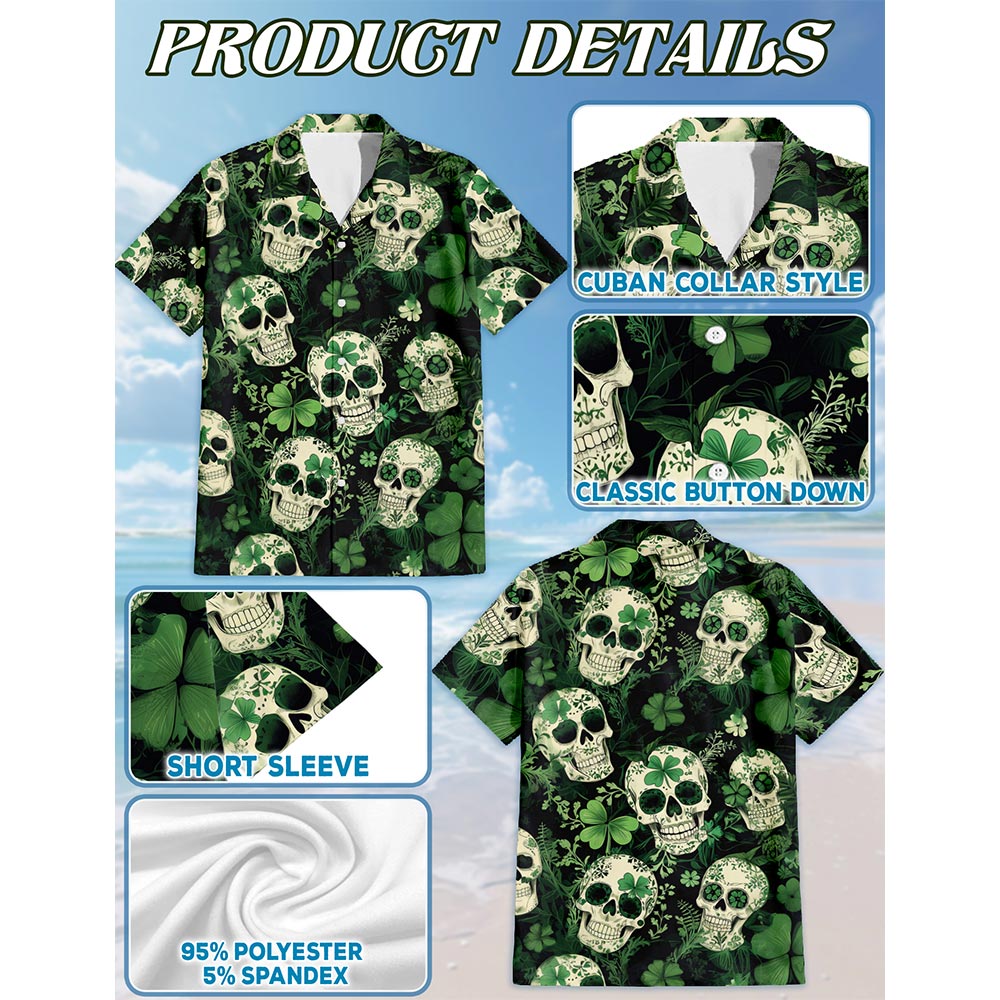 Netecom Patrick Skull Tropical Hawaiian Shirt for Men, Button Down Summer Beach Short Sleeve, Festive Style, S-5XL