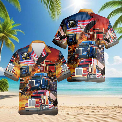 Netecom Patriotic Truck Driver Hawaiian Shirt for Men, Button Down Summer Beach Short Sleeve, Sizes S-5XL