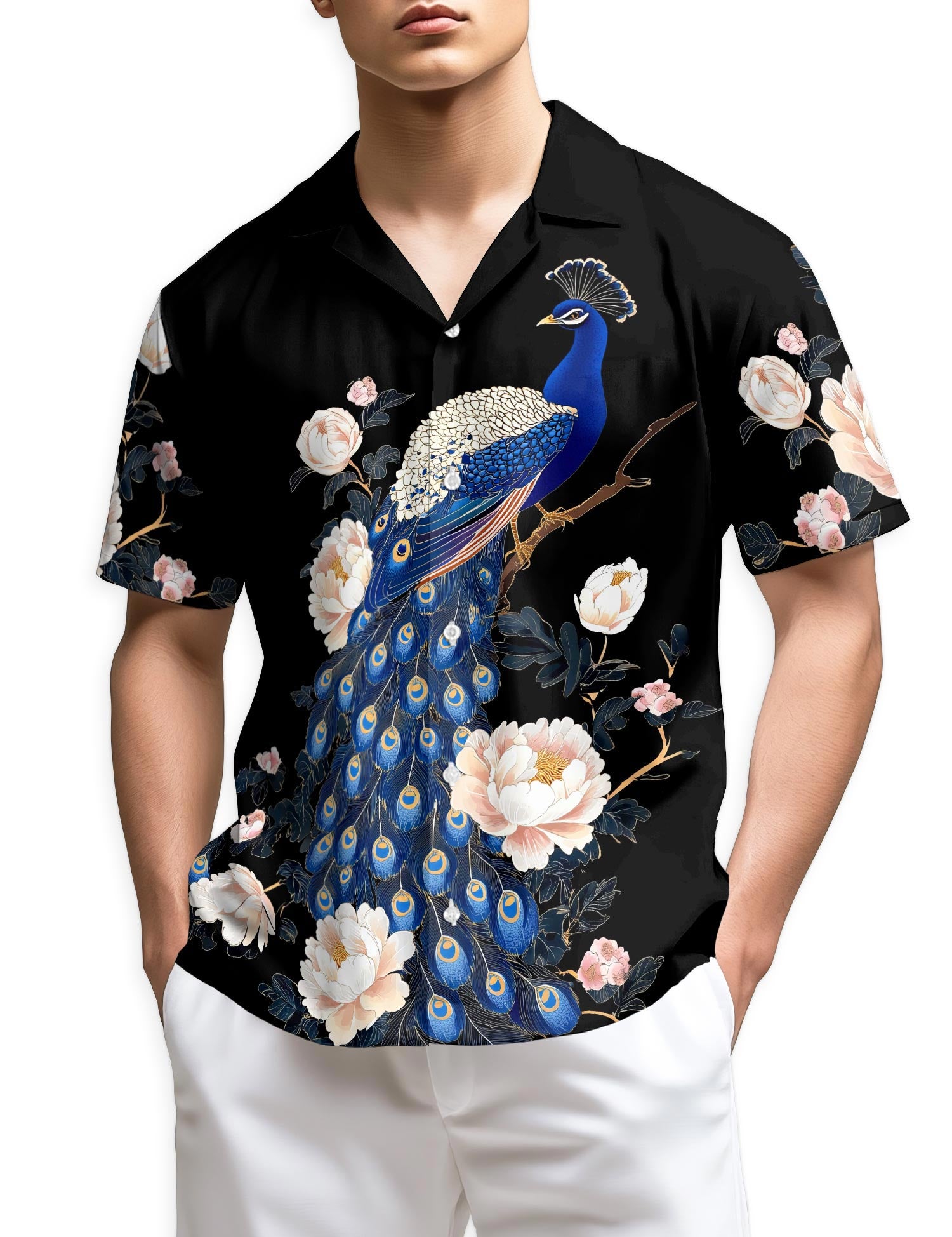 Netecom Peacock Peony Hawaiian Shirt for Men