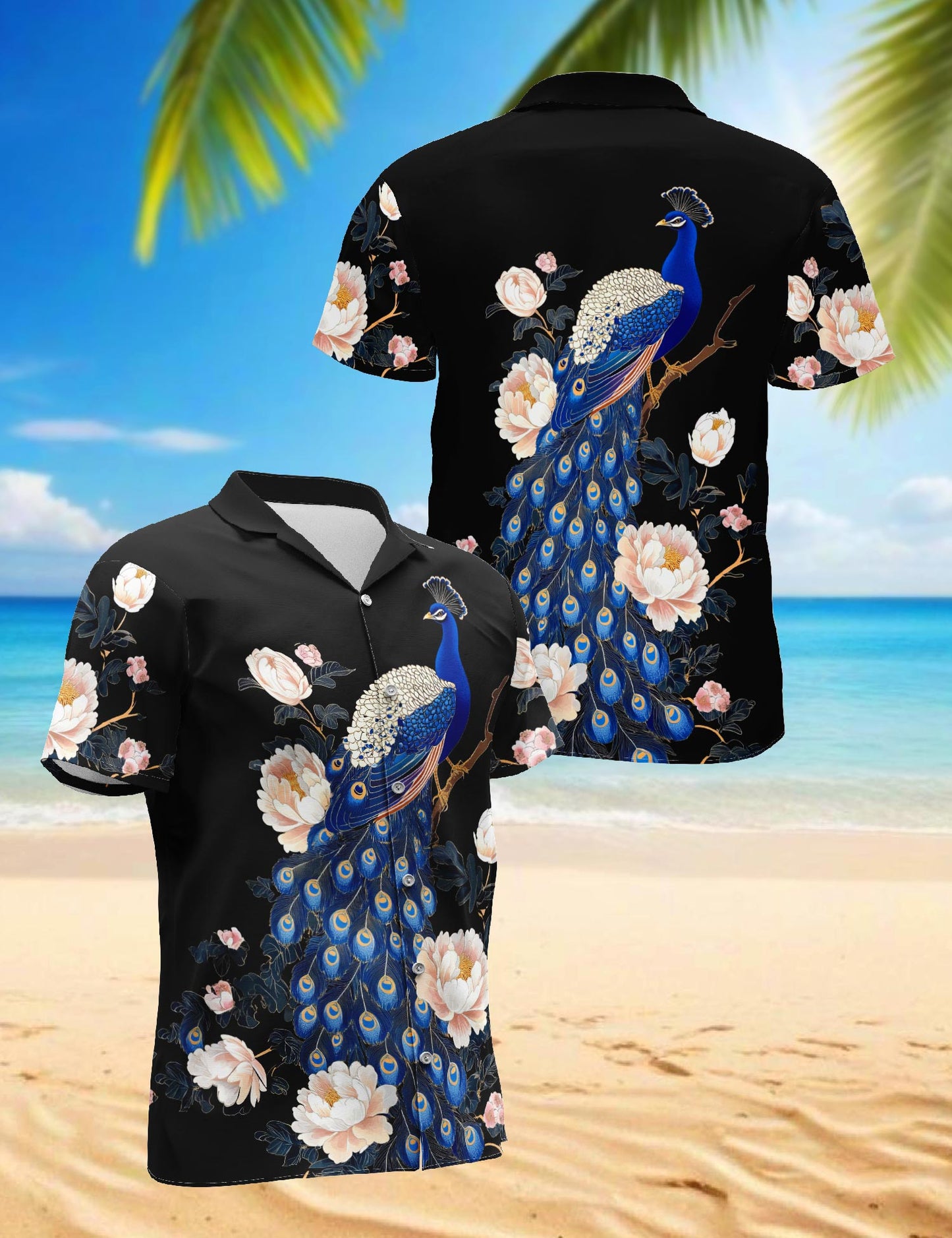 Netecom Peacock Peony Hawaiian Shirt for Men, Floral Style, Button Down Summer Beach Short Sleeve, S-5XL