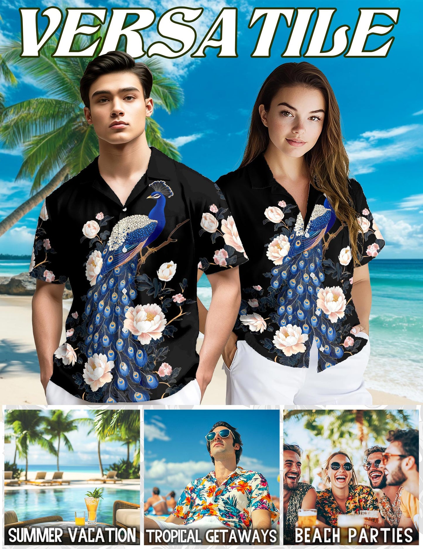 Netecom Peacock Peony Hawaiian Shirt for Men, Floral Style, Button Down Summer Beach Short Sleeve, S-5XL