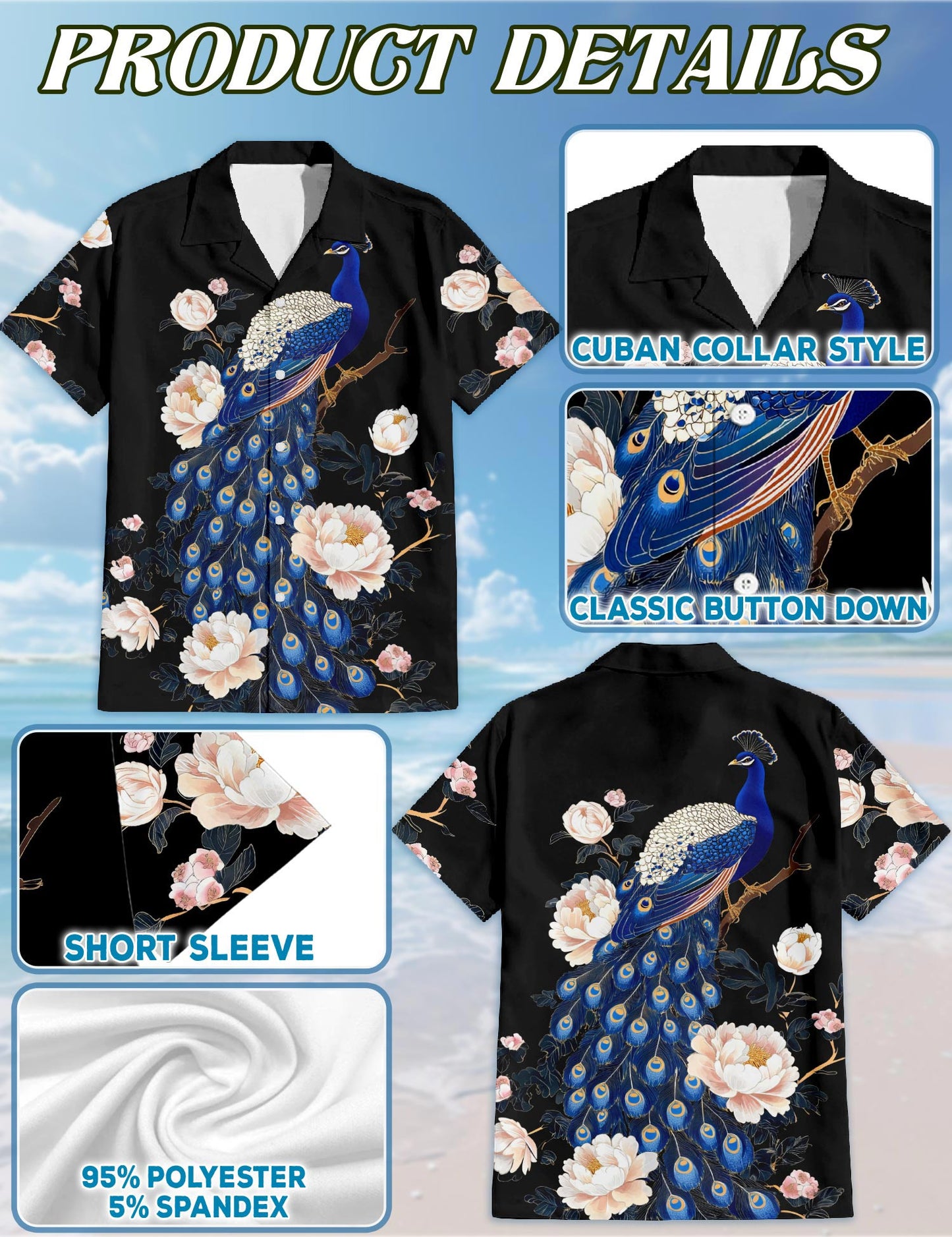 Netecom Peacock Peony Hawaiian Shirt for Men, Floral Style, Button Down Summer Beach Short Sleeve, S-5XL