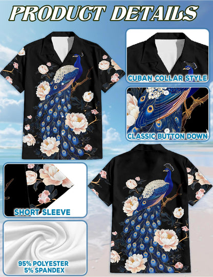 Netecom Peacock Peony Hawaiian Shirt for Men, Floral Style, Button Down Summer Beach Short Sleeve, S-5XL