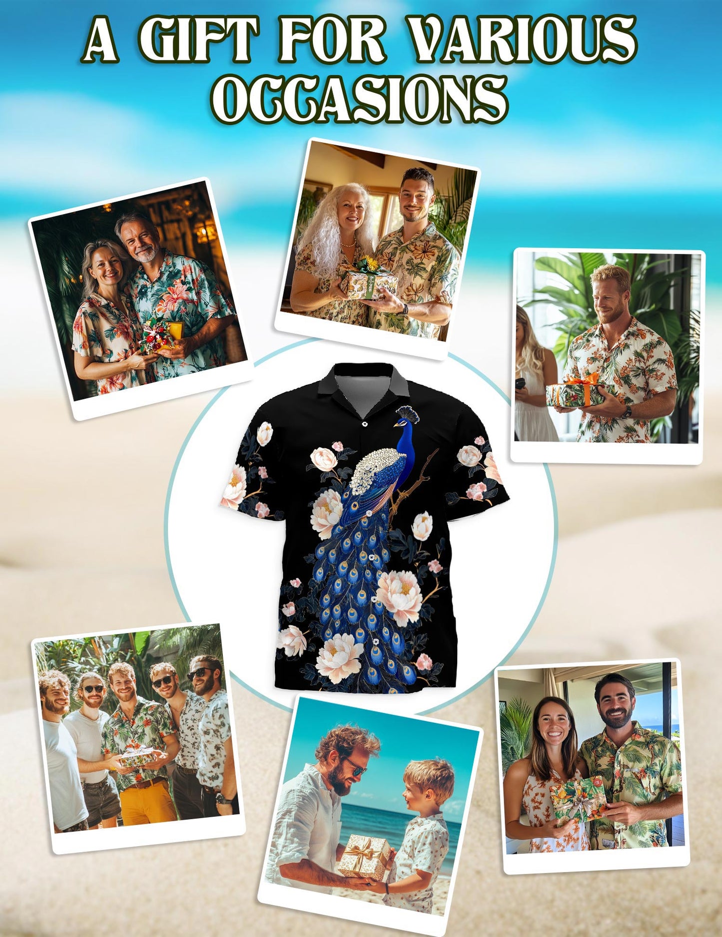 Netecom Peacock Peony Hawaiian Shirt for Men, Floral Style, Button Down Summer Beach Short Sleeve, S-5XL