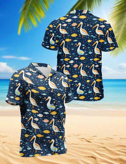 Netecom Pelican Fish Hawaiian Shirt for Men, Vintage Style, Button Down Summer Beach Short Sleeve, S-5XL