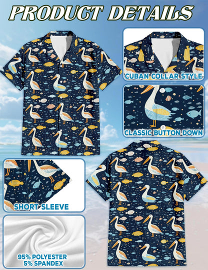 Netecom Pelican Fish Hawaiian Shirt for Men, Vintage Style, Button Down Summer Beach Short Sleeve, S-5XL