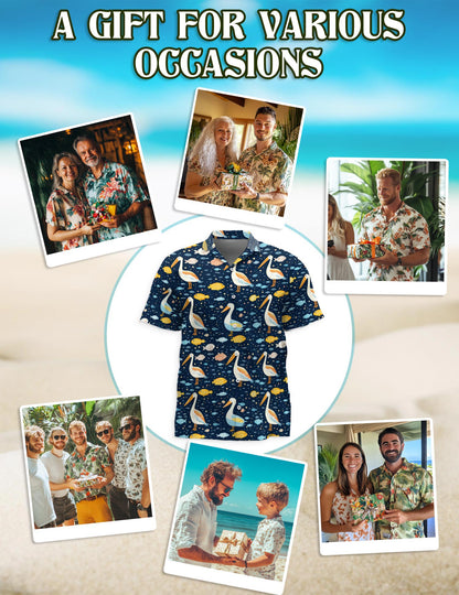 Netecom Pelican Fish Hawaiian Shirt for Men, Vintage Style, Button Down Summer Beach Short Sleeve, S-5XL