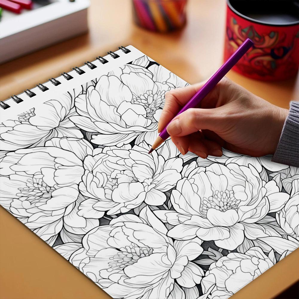 Netecom Peonies Flowers Coloring Book Spiral Bound for Adults