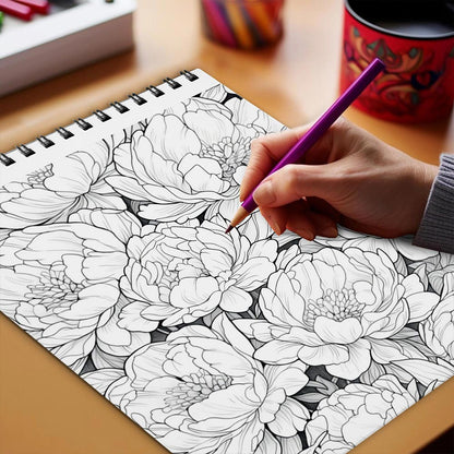 Netecom Peonies Flowers Coloring Book Spiral Bound for Adults