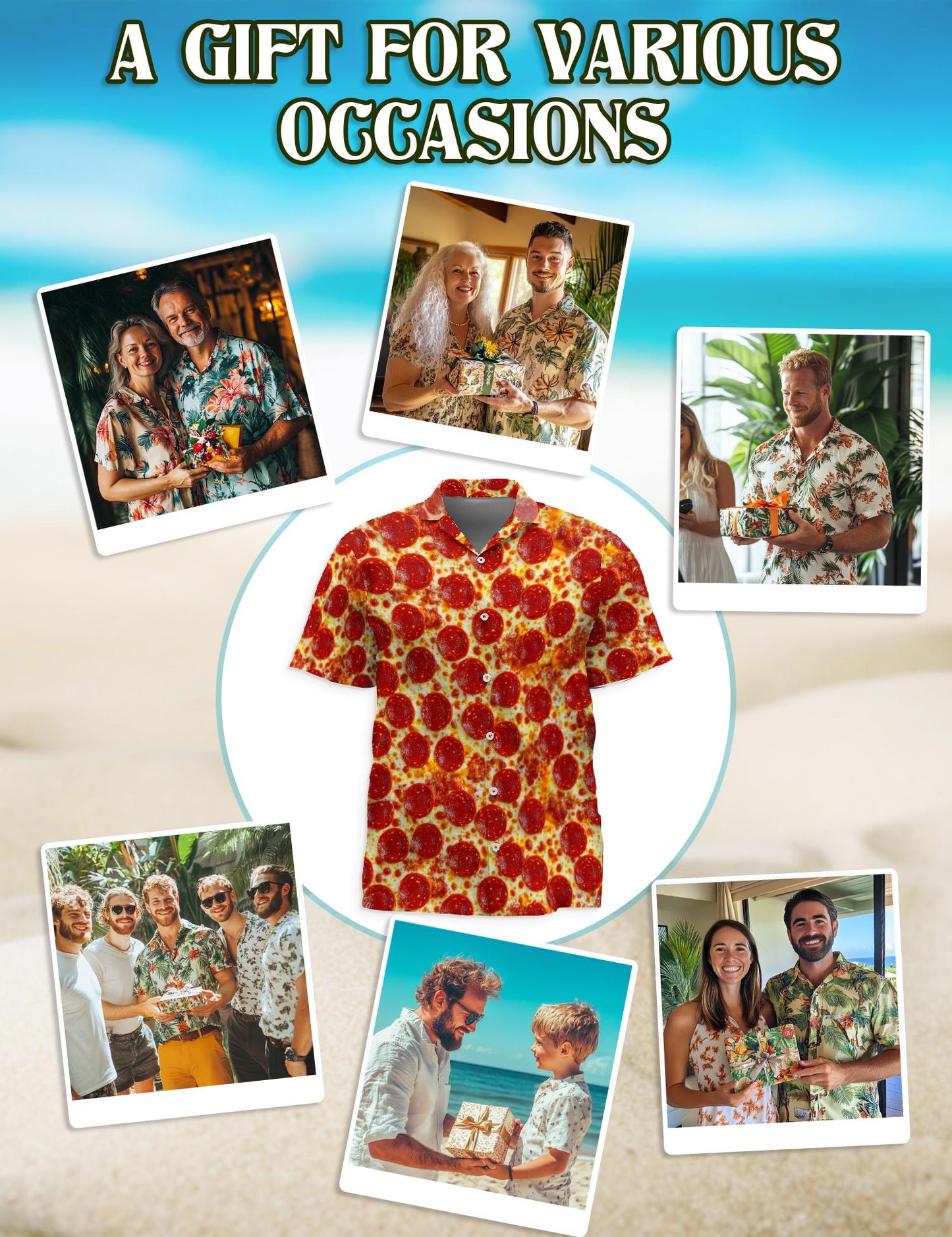 Netecom Pepperoni Pizza Hawaiian Shirt for Men, Food Lover Gifts, Tropical Summer Beach Button Down Short Sleeve Shirts, S-5XL