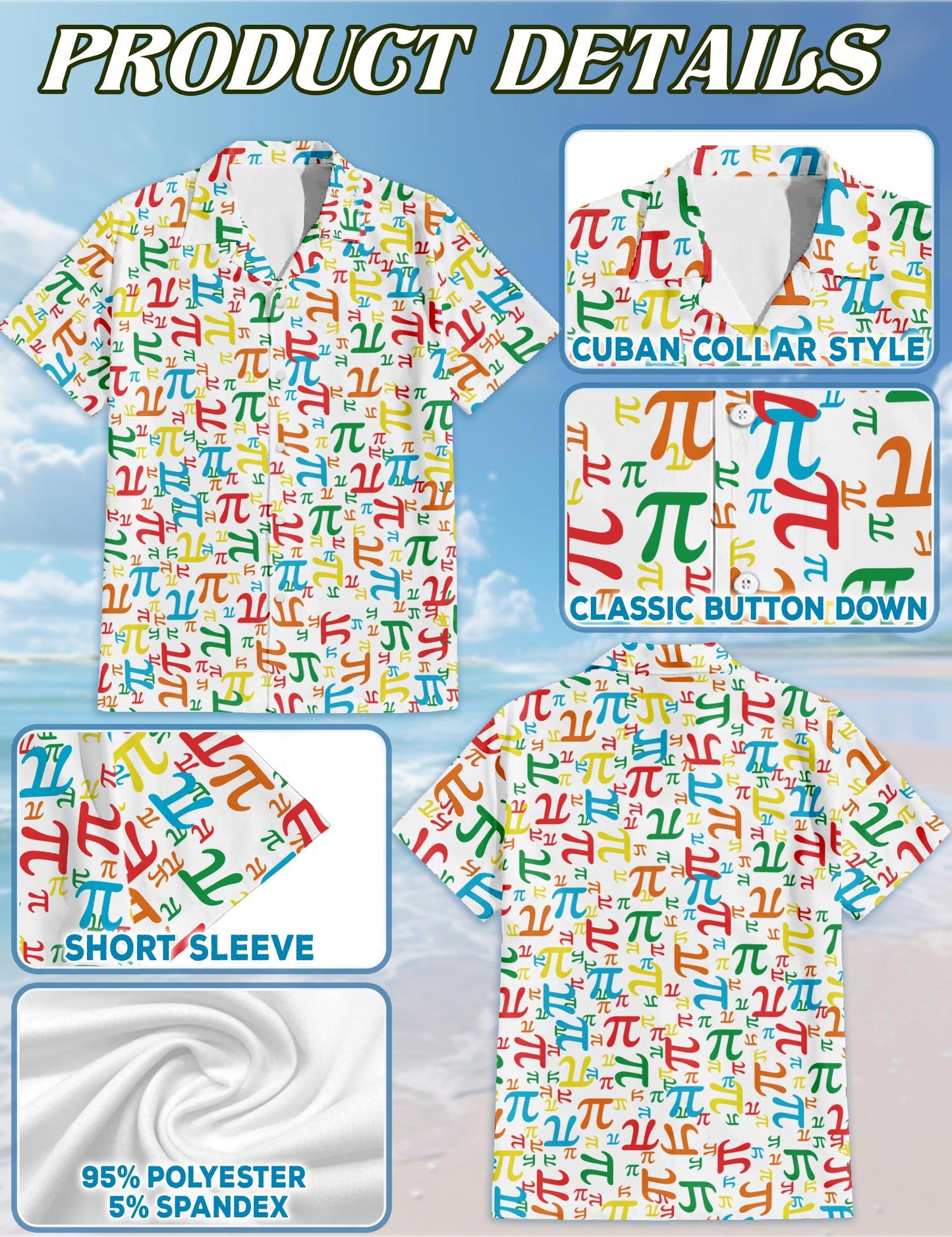 Netecom Pi Math Hawaiian Shirt for Men, Retro Style, Button Down Summer Beach Short Sleeve, S-5XL